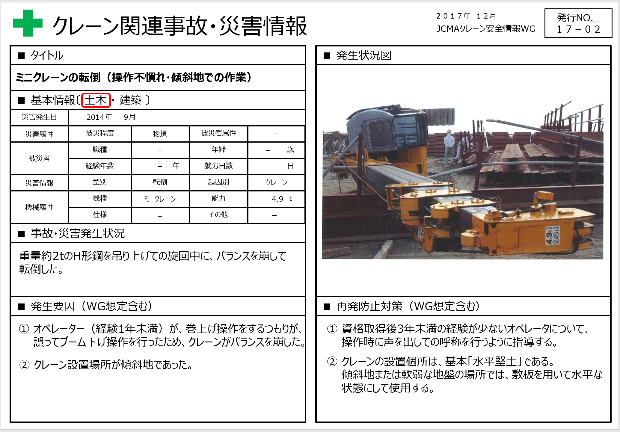 建設業部会 クレーン安全情報WGにて『クレーン関連事故・災害事例』を公開いたしました | JCMA一般社団法人日本建設機械施工協会